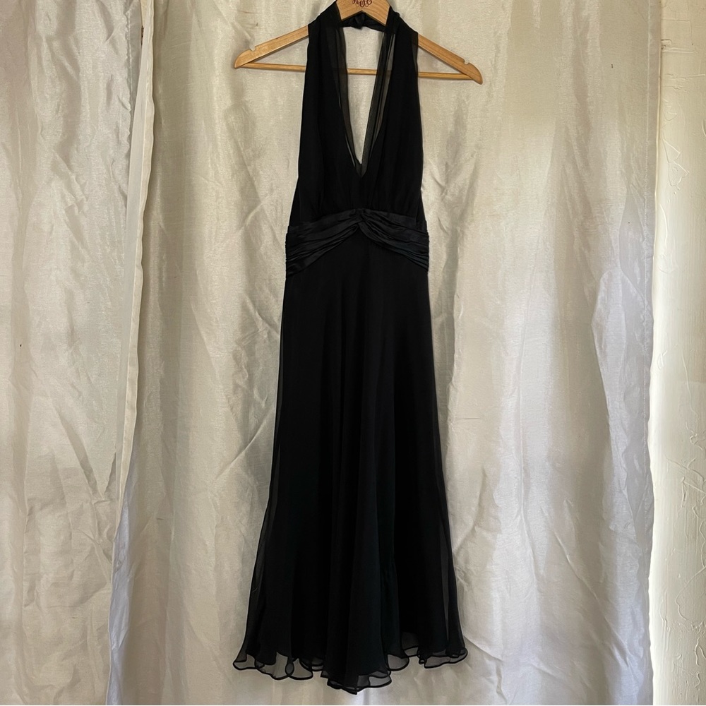 London Times Black Sheer Glam Silk Evening Flowy Flirty Halter Top Midi Dress
